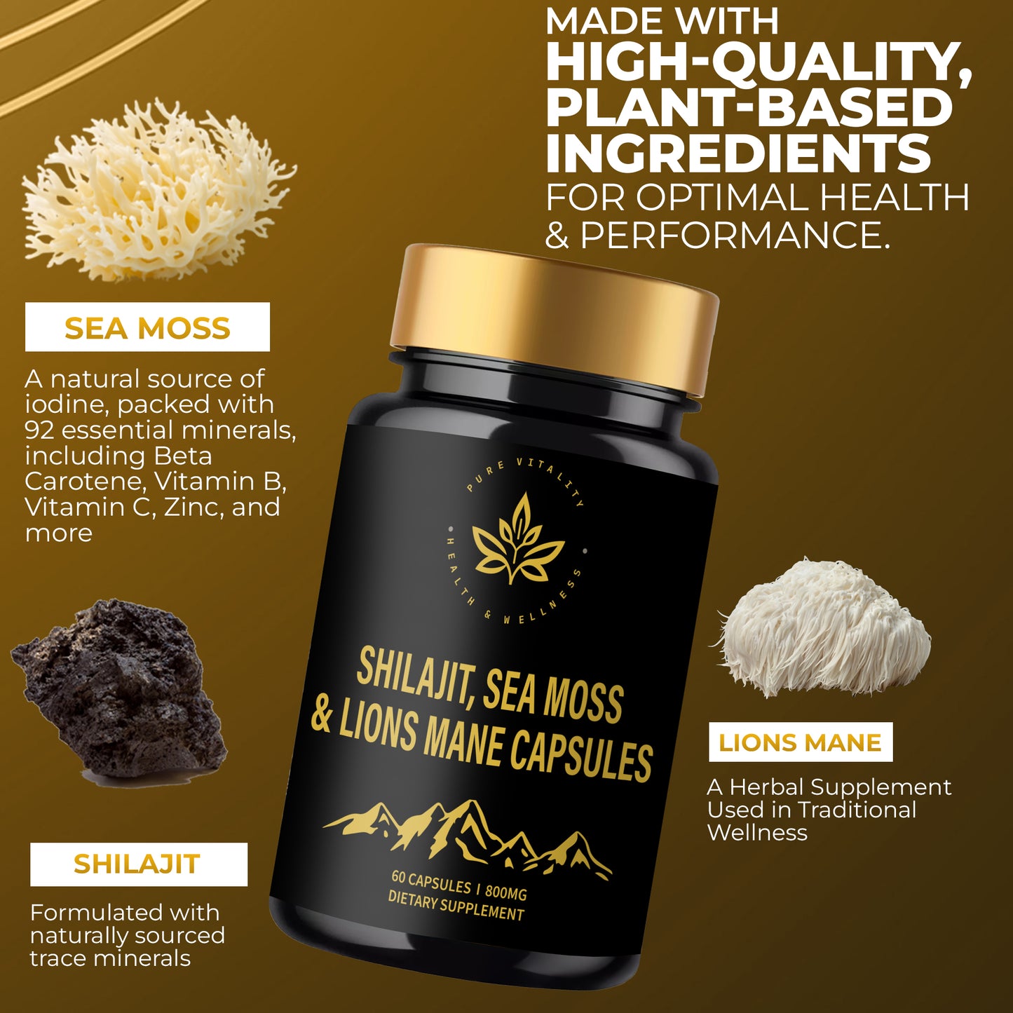 Shilajit, Sea Moss & Lions Mane Capsules – A Natural Plant-Based Food Supplement