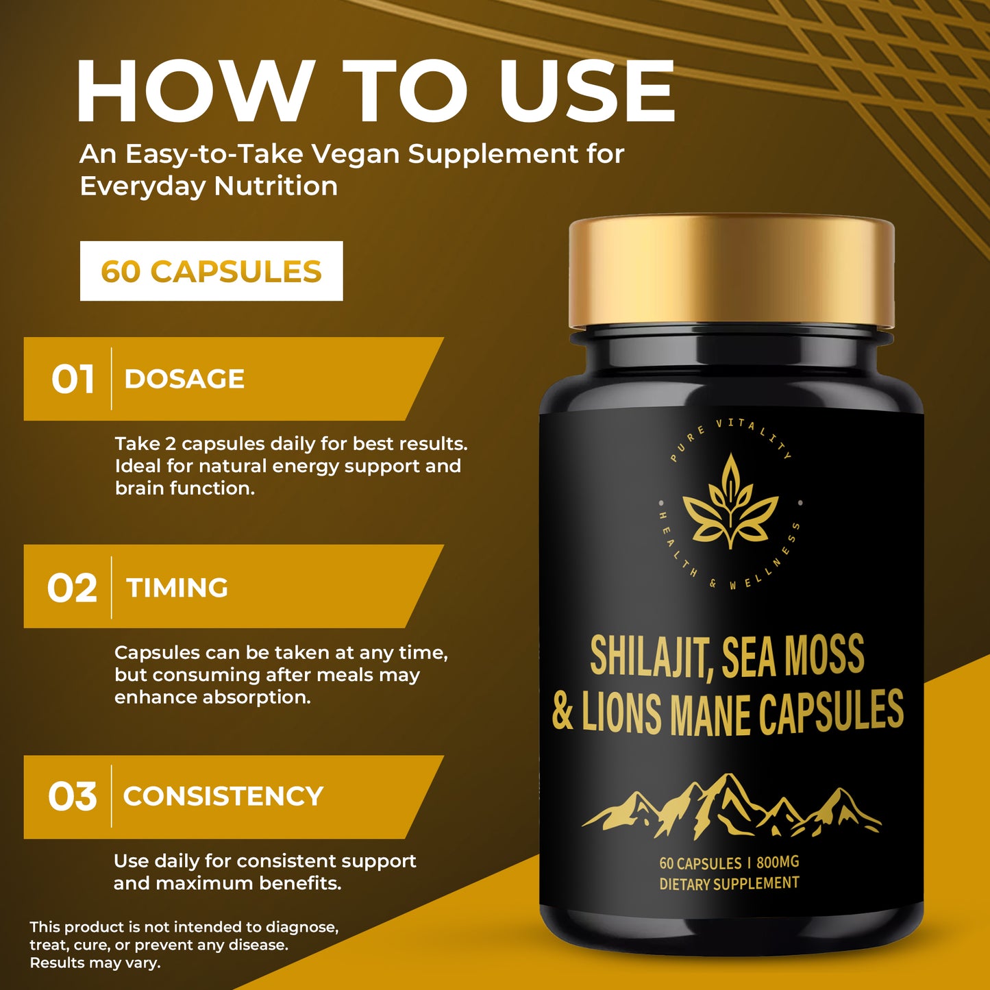 Pure Vitality-Shilajit, Sea Moss & Lions Mane Capsules – A Natural Plant-Based Food Supplement