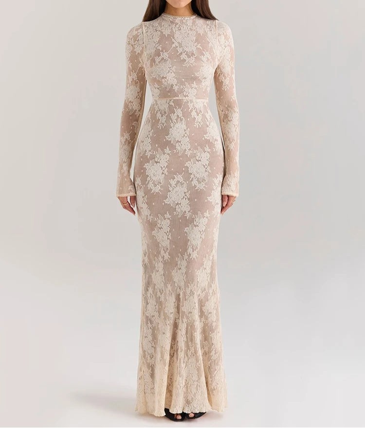 Aurelia Lace Mesh Long-Sleeve Maxi Dress – Sophisticated Evening & Occasionwear Dress