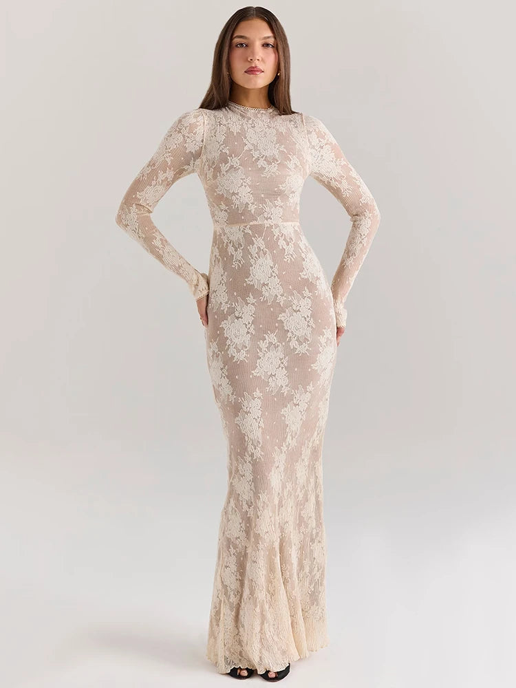 Aurelia Lace Mesh Long-Sleeve Maxi Dress – Sophisticated Evening & Occasionwear Dress