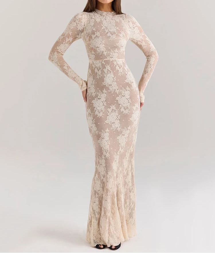 Aurelia Lace Mesh Long-Sleeve Maxi Dress – Sophisticated Evening & Occasionwear Dress