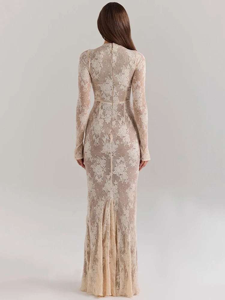 Aurelia Lace Mesh Long-Sleeve Maxi Dress – Sophisticated Evening & Occasionwear Dress