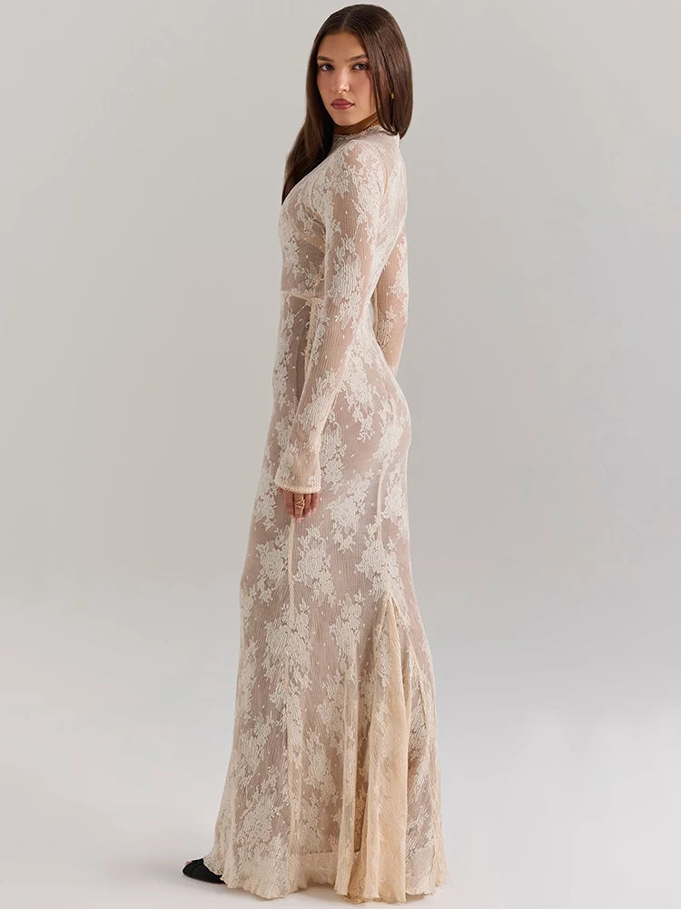 Aurelia Lace Mesh Long-Sleeve Maxi Dress – Sophisticated Evening & Occasionwear Dress