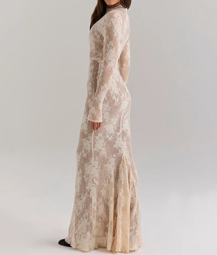 Aurelia Lace Mesh Long-Sleeve Maxi Dress – Sophisticated Evening & Occasionwear Dress