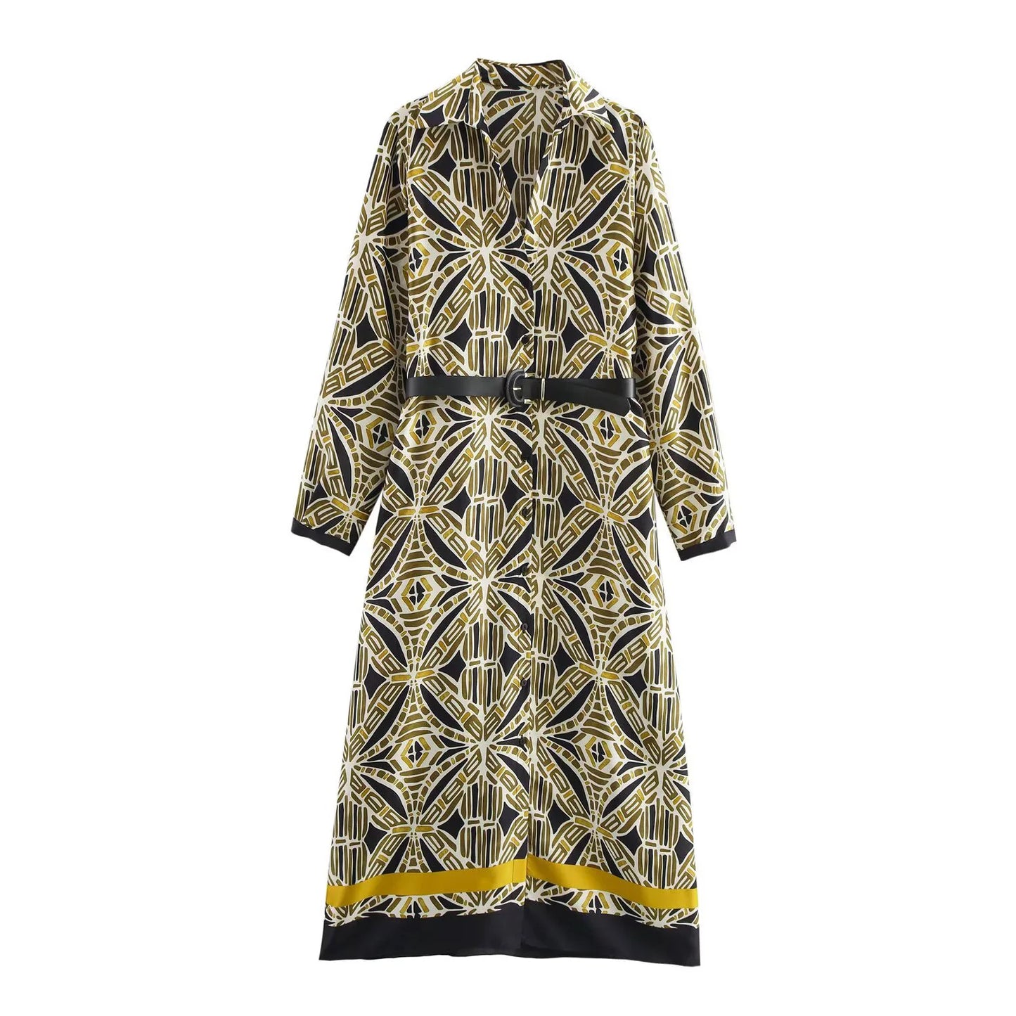 Dahlia Geometric Print Belted Midi Shirt Dress - Long Sleeve Maxi Shirt Dress