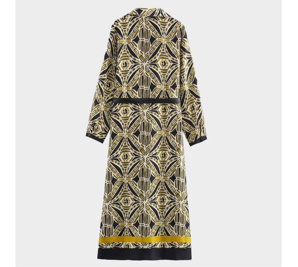 Dahlia Geometric Print Belted Midi Shirt Dress - Long Sleeve Maxi Shirt Dress