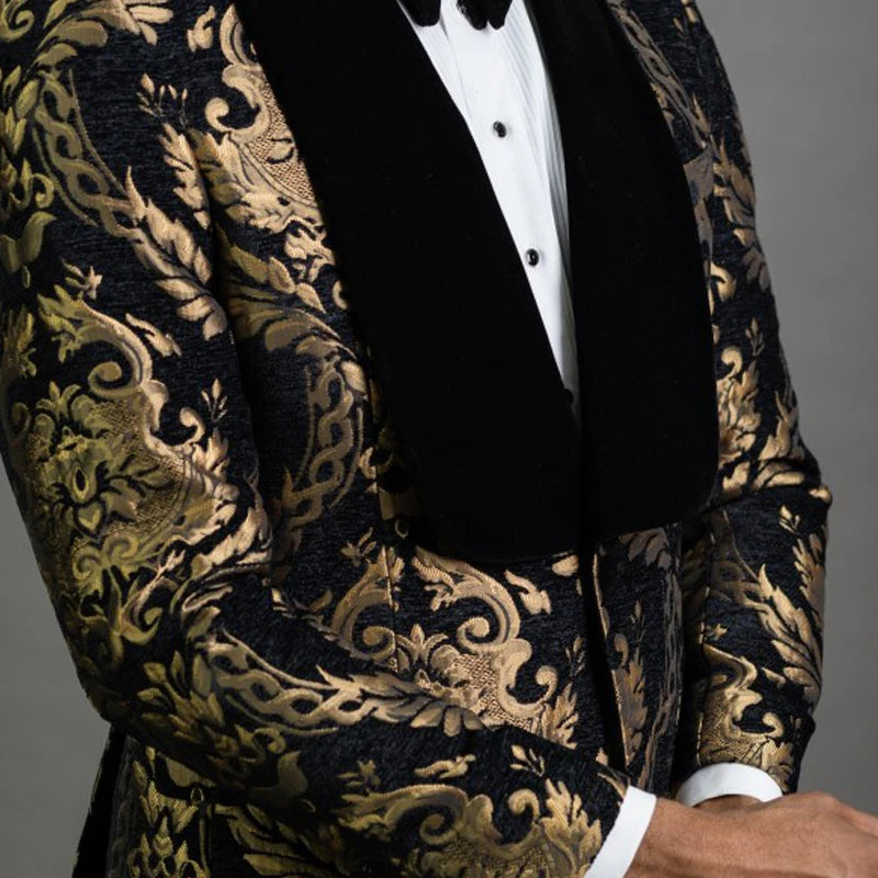 Regency Black and Gold Jacquard Slim Fit Tuxedo Jacket – Men’s Velvet Lapel Blazer for Weddings, Formal Events & Black-Tie Evenings