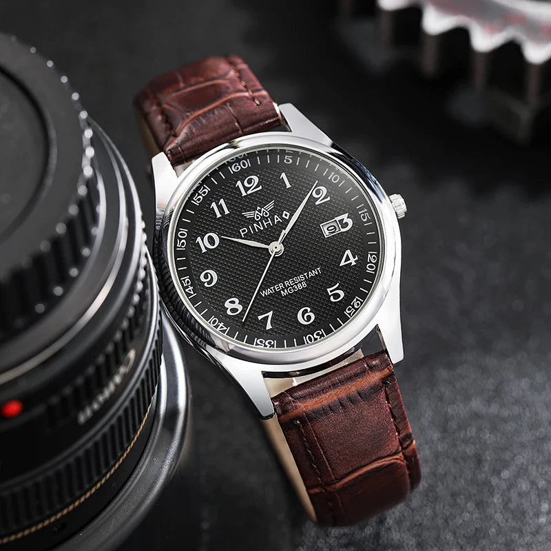 Men's Classic Leather Strap Watch, Elegant Black Dial with Date Display