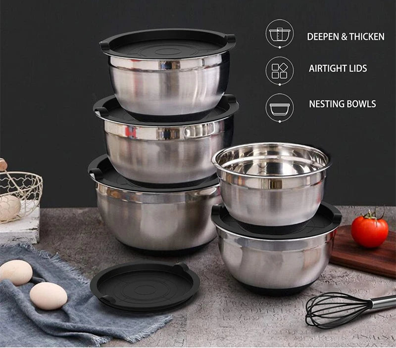 Stainless Steel Mixing Bowls with Airtight Lids – 6-Piece Nesting Bowl Set for Baking, Cooking & Food Storage