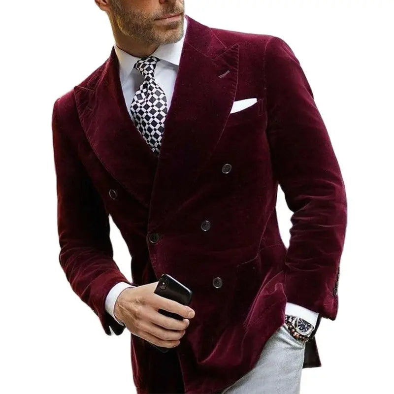 Men’s Burgundy Velvet Blazer – Double-Breasted Tailored Suit Jacket