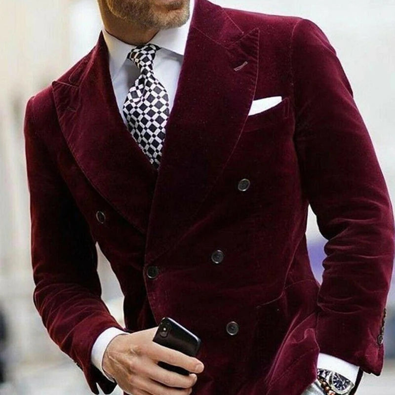 Men’s Burgundy Velvet Blazer – Double-Breasted Tailored Suit Jacket