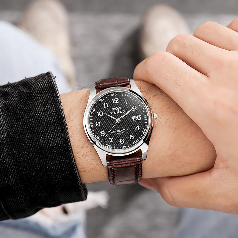 Men's Classic Leather Strap Watch, Elegant Black Dial with Date Display