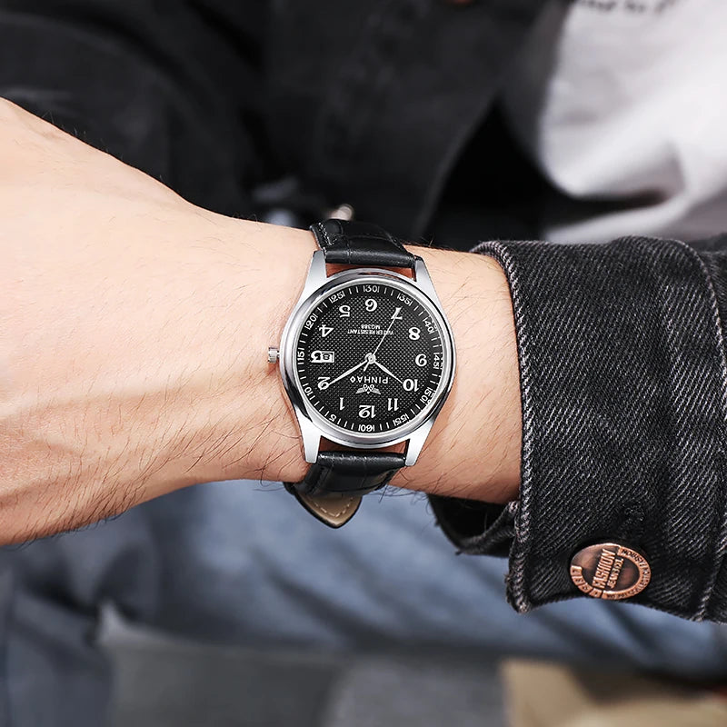 Men's Classic Leather Strap Watch, Elegant Black Dial with Date Display