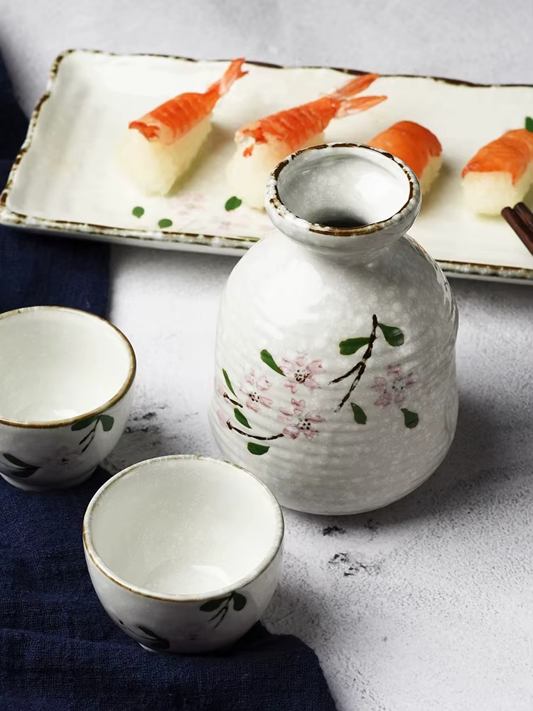 Sakura Bloom Japanese Sake Set – Hand-Painted Ceramic Sake Bottle & Cup Gift Set with Cherry Blossom Design