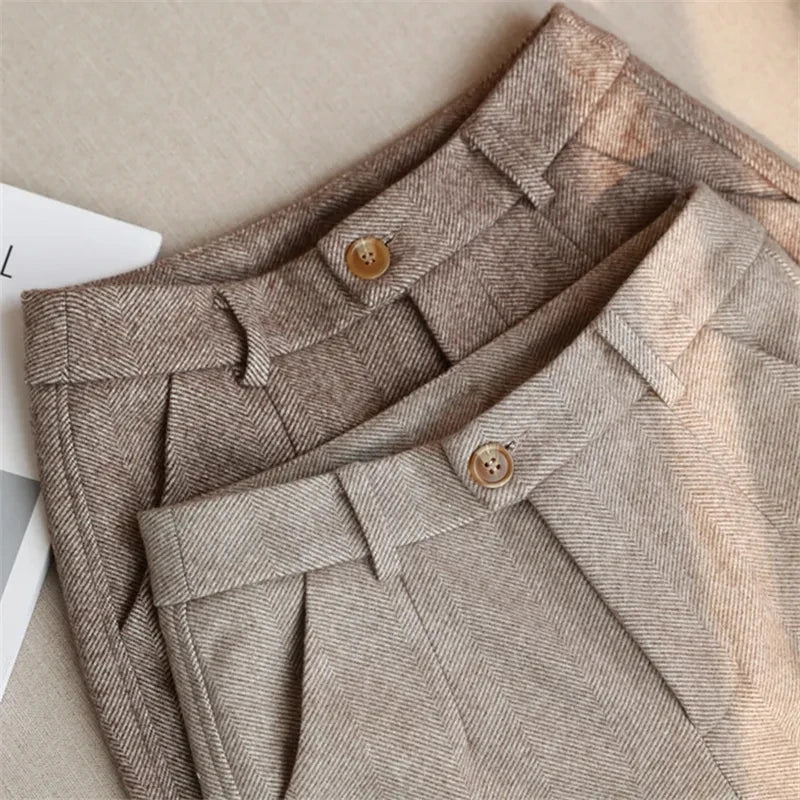 Womens High-Waisted Wool Blend Trousers-Tailored Fit