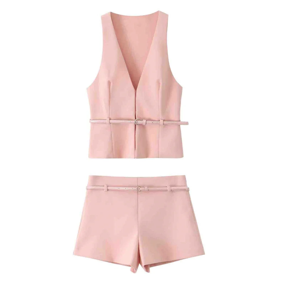 Lila Belted Sleeveless Waistcoat & Shorts Co-Ord Set - Stylish Daywear & Occasionwear