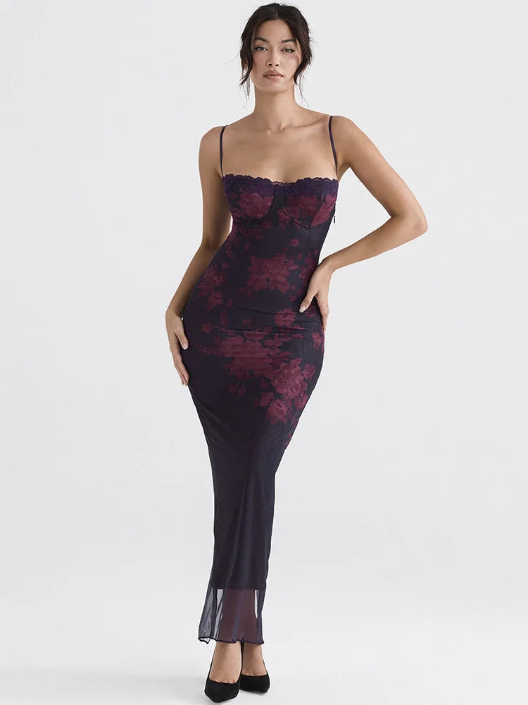 Lucia Deep Purple Floral Lace Bustier Bodycon Maxi Dress–Luxe Evening & Occasionwear