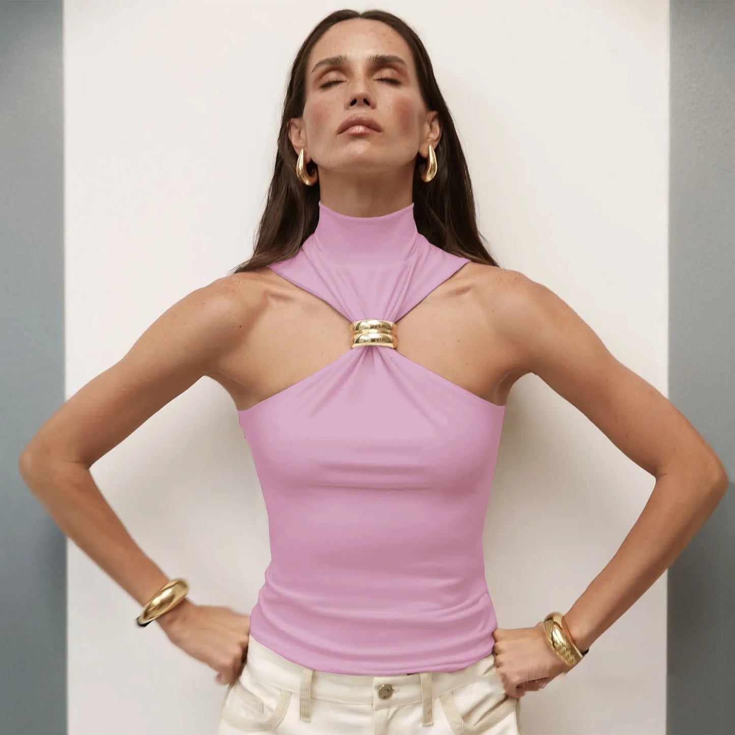 Lucine Sleeveless - High Neck Halter Top with Gold Accent