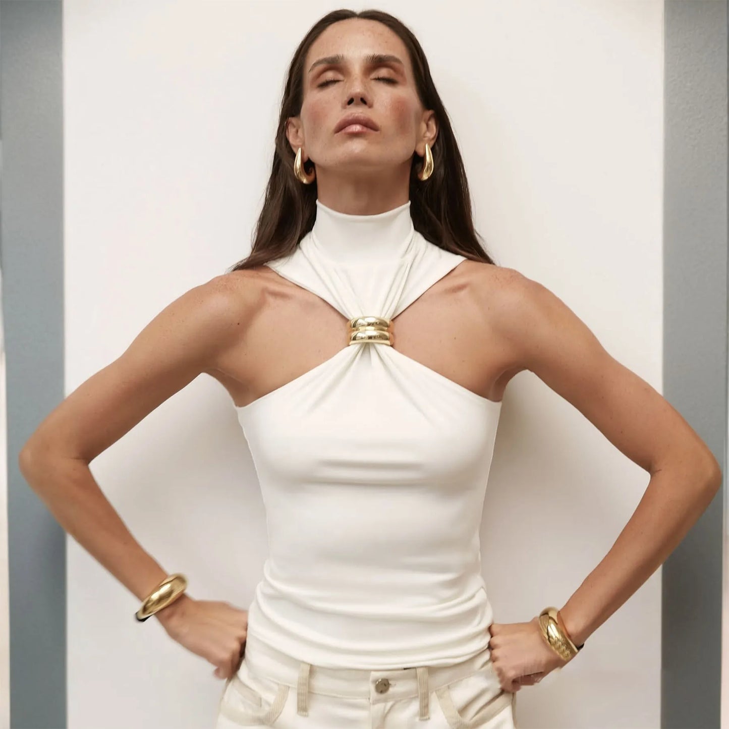 Lucine Sleeveless - High Neck Halter Top with Gold Accent
