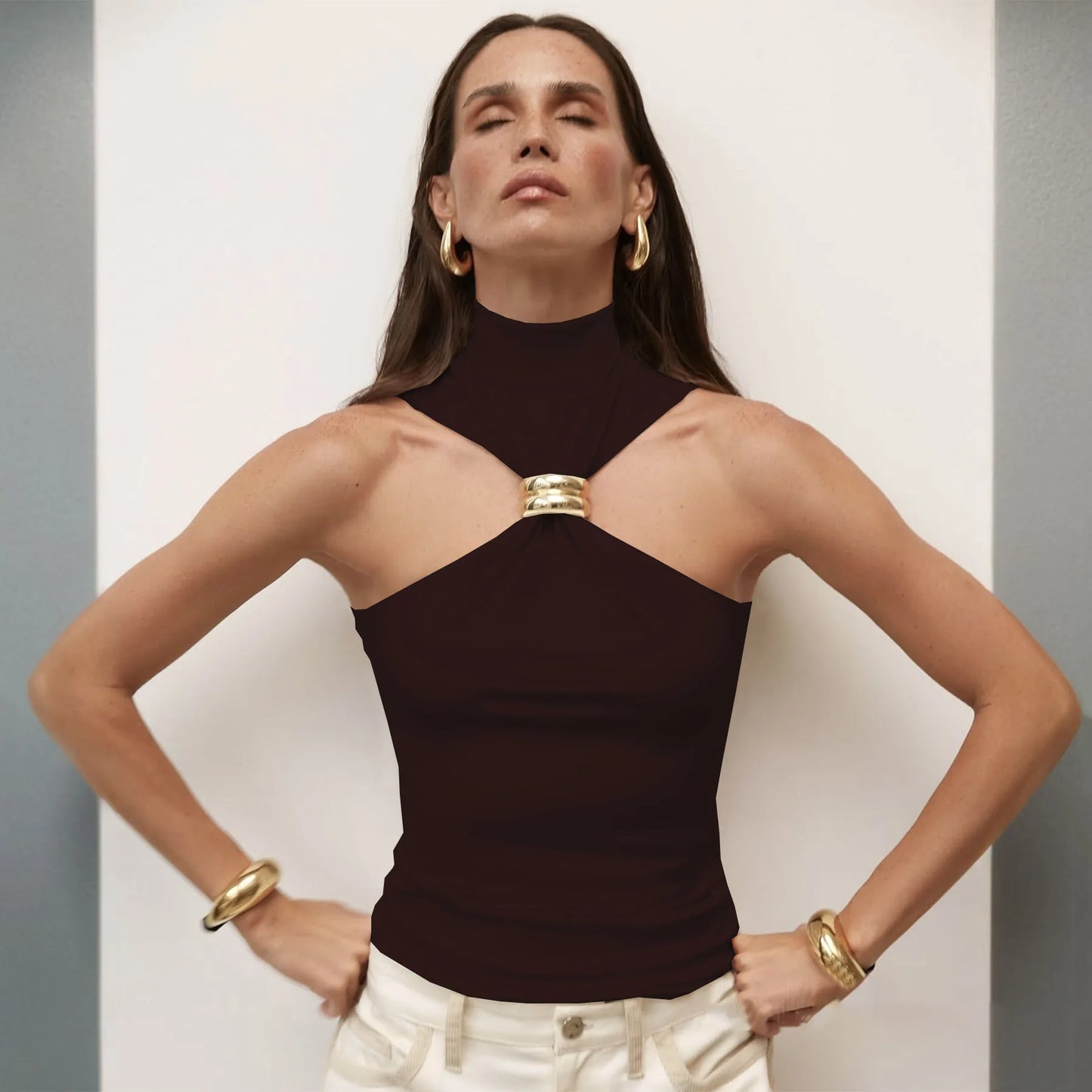 Lucine Sleeveless - High Neck Halter Top with Gold Accent
