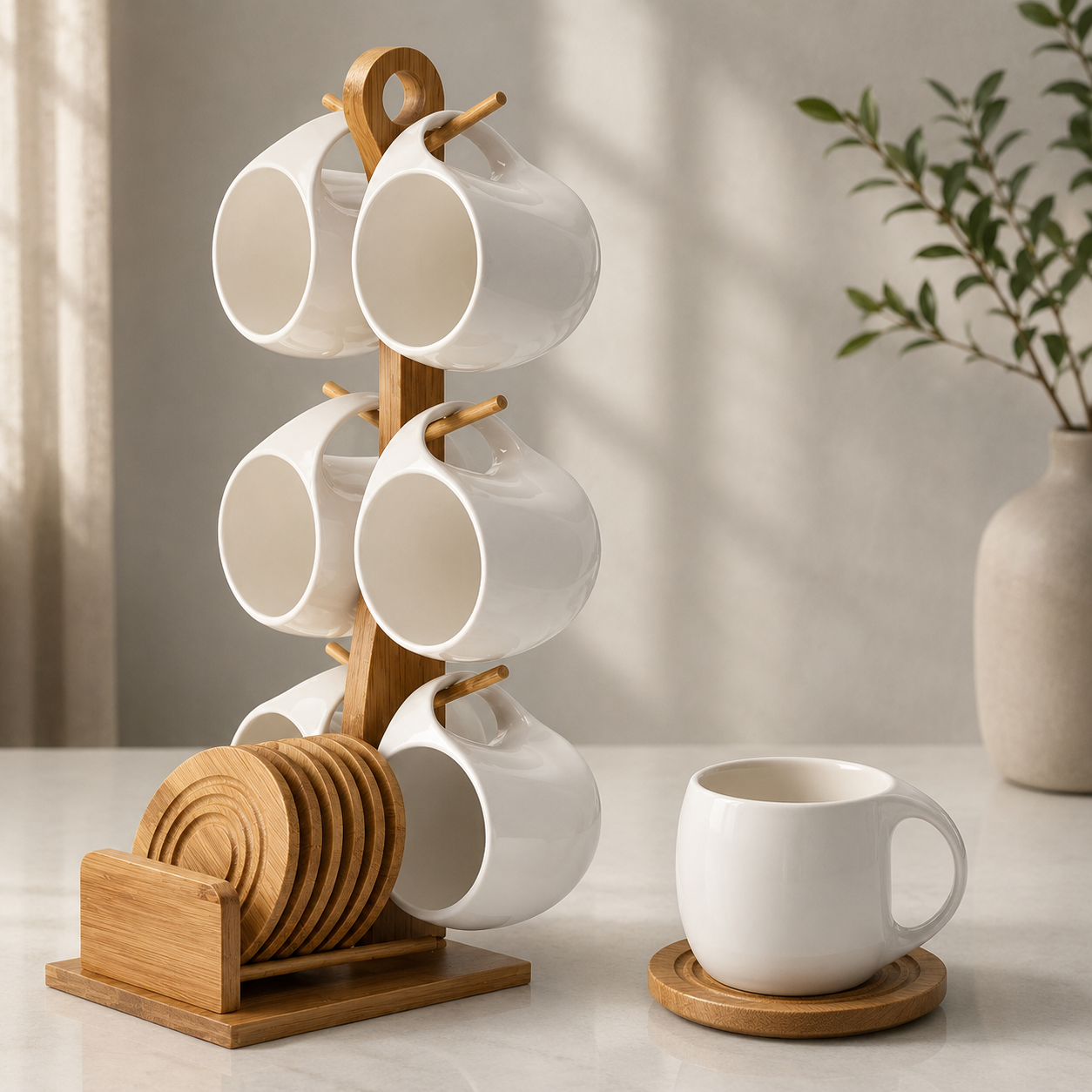 Mareno Ceramic Jug and Cup Set with Wooden Saucers – Rustic Drinkware Serving Set