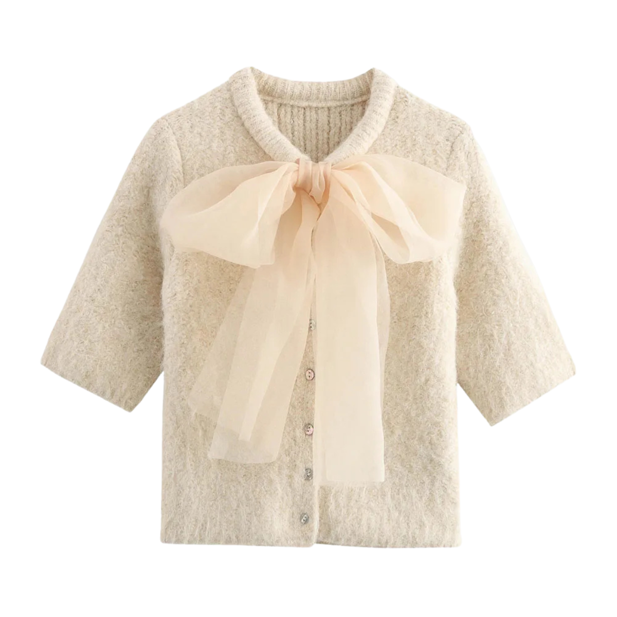 Chic Knit Cardigan with Sheer Bow Detail