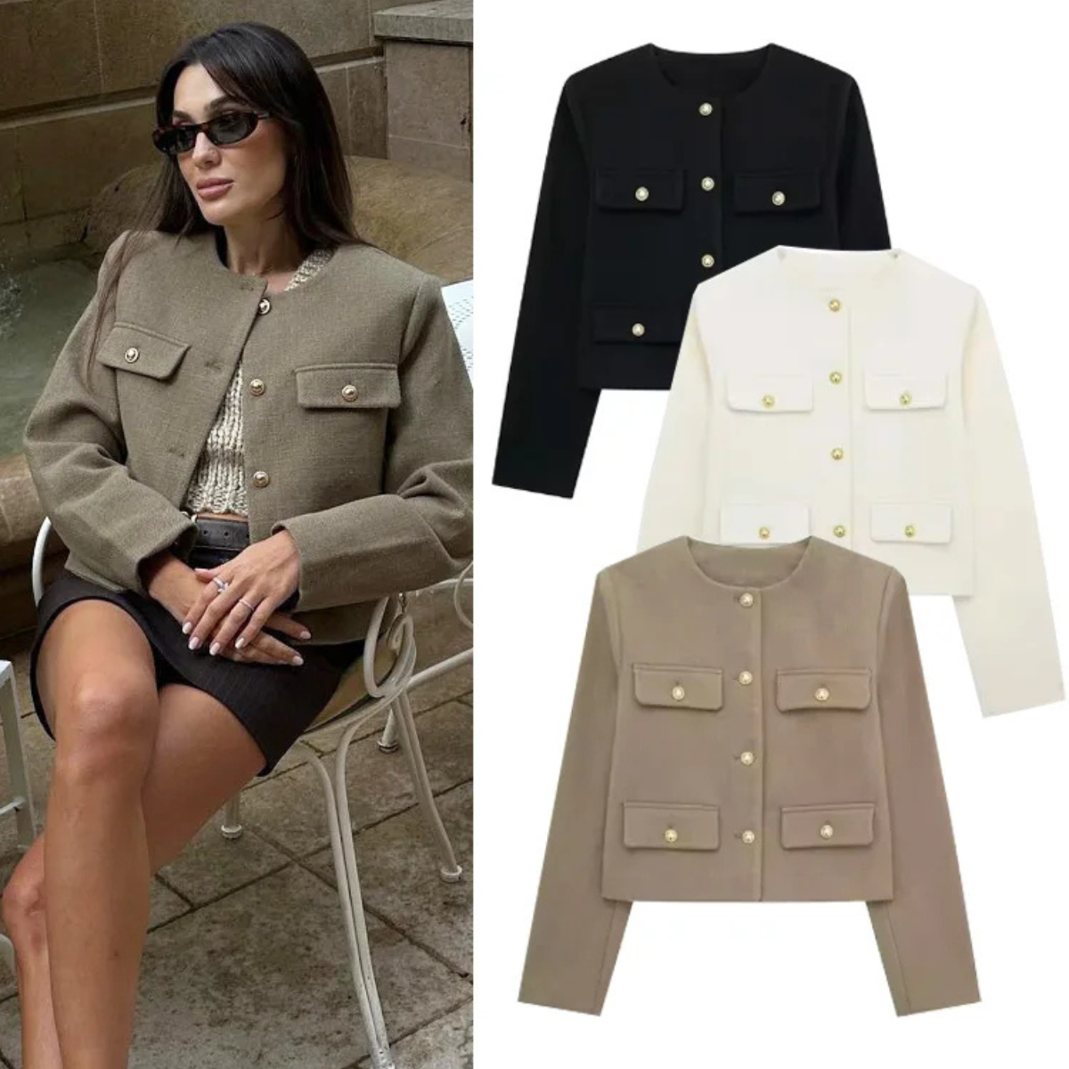 Giada Gold Button Pocket Jacket – Tailored Cropped Blazer-Style Spring Jacket in Cream, Black, Red, Beige & More