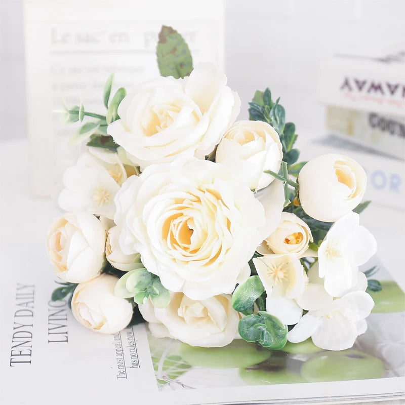Blush Rose & Hydrangea Flower Bouquet – Pink Faux Floral Centrepiece for Home Decor