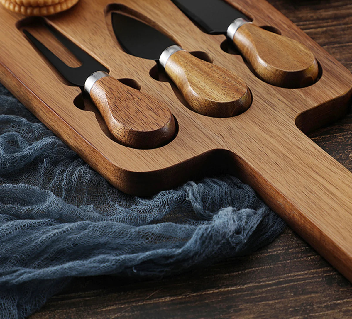Acacia Cheese Board with 3-Piece Knife Set – Wooden Charcuterie Serving Tray with Stainless Steel Cutlery