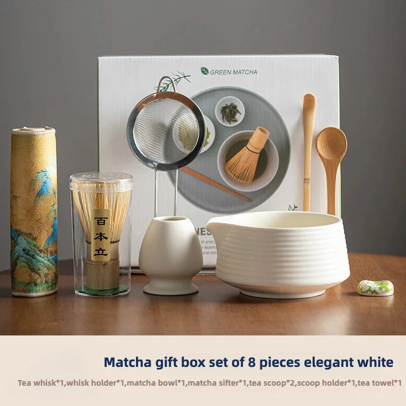 8-Piece Matcha Tea Ceremony Gift Set – Traditional Bamboo Whisk, Sifter, Bowl & Accessories in Elegant White or Sakura Pink