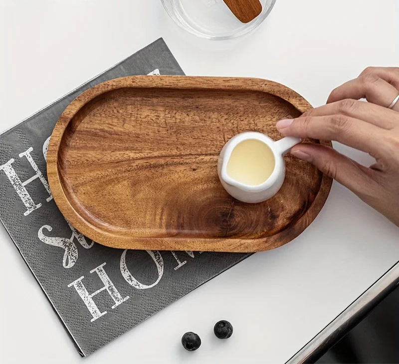 Solid Wood Oval Serving Tray – Natural Wooden Snack Plate for Dessert, Fruit or Drinks