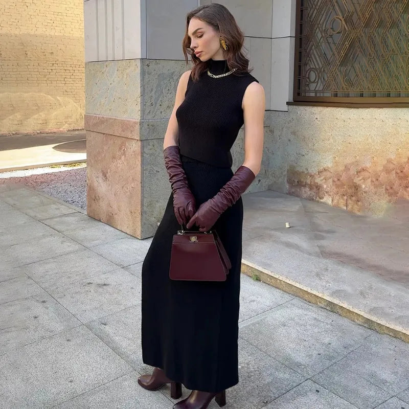 Elvire Sleeveless Knit Co-Ord Maxi Set – Yellow, Green, Red, White, Brown or Black Ribbed High Neck Two-Piece Dress