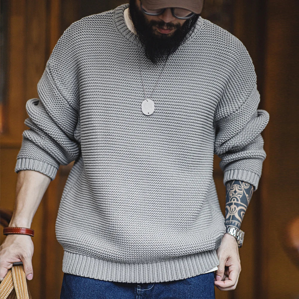 Relaxed Textured Knit Crew Neck Jumper – Oversized Fit Ribbed Hem Men’s Pullover