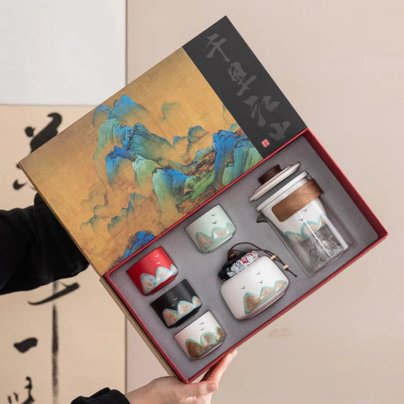 Hand-Painted Mountain Ceramic Tea Set with Tea Holder – 6-Piece Teapot & Four Cups Gift Box