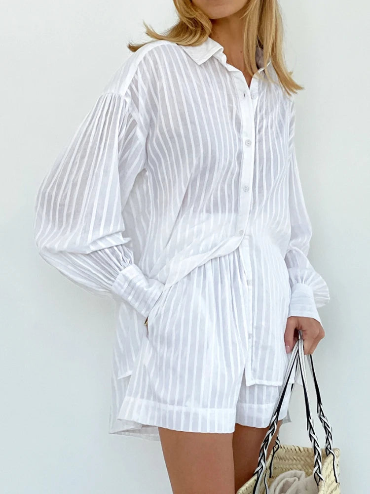 Aven White Cotton Stripe Shirt & Shorts Set – Lightweight Co-Ord Summer Outfit for Women
