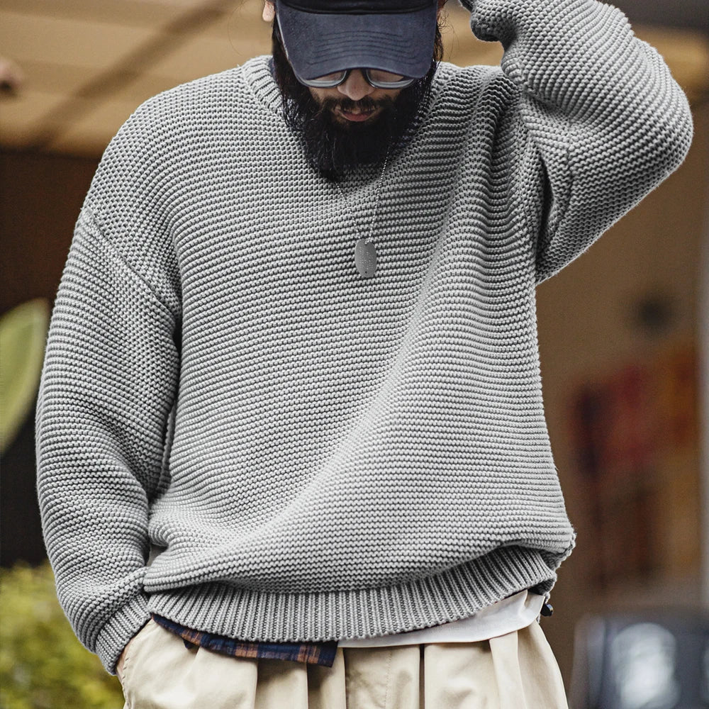 Relaxed Textured Knit Crew Neck Jumper – Oversized Fit Ribbed Hem Men’s Pullover