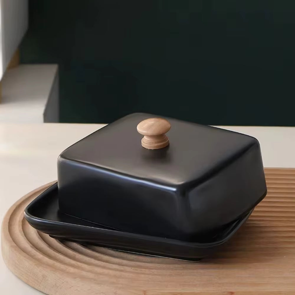 Black & White Ceramic Butter Dish with Wooden Handle – Rectangular Covered Butter Keeper for Kitchen & Dining