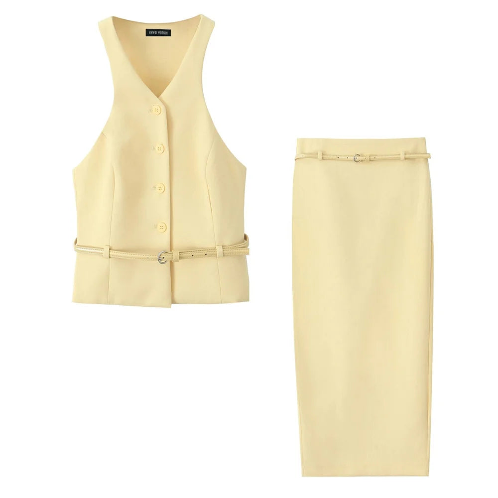 Sofia Belted Sleeveless Waistcoat & Skirt Two-Piece Set-Elegant Office & Occasionwear