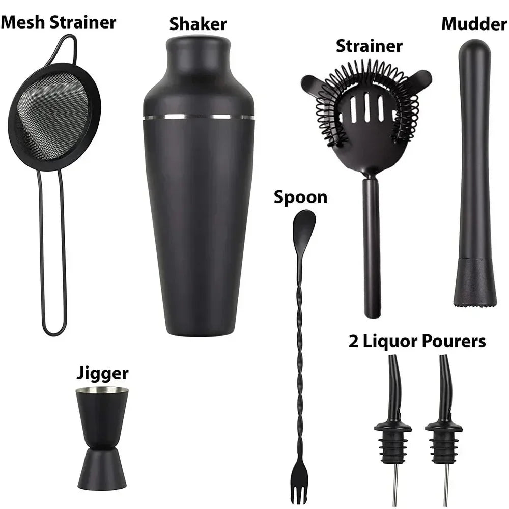 Matte Black Cocktail Shaker 8 Piece Set