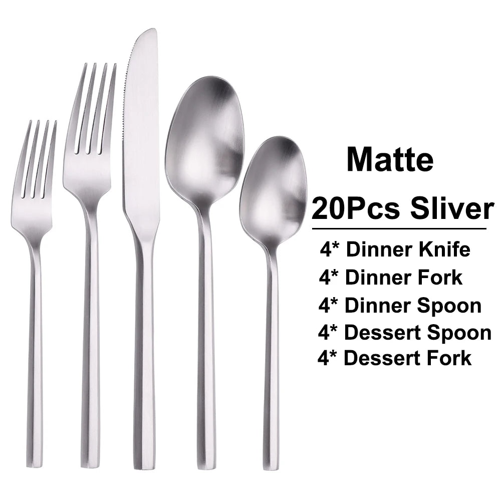 Stainless Steel Mirror / Matte Cutlery Set – 6/16/20 Piece Silver Flatware with Dinner Knives, Forks, Spoons & Dessert Utensils