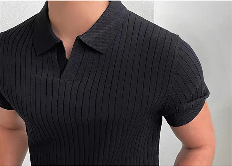 Men’s White Knitted Polo Shirt – Slim Fit Ribbed Short Sleeve Top