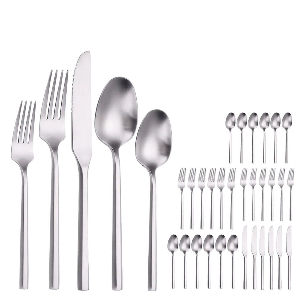 Stainless Steel Mirror / Matte Cutlery Set – 6/16/20 Piece Silver Flatware with Dinner Knives, Forks, Spoons & Dessert Utensils