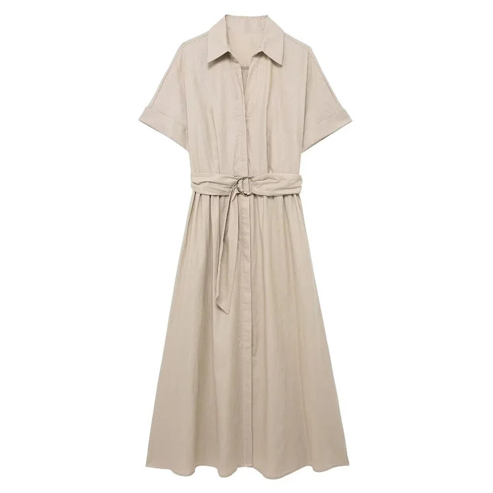 Lunira Belted Shirt Midi Dress – Short Sleeve Summer Shirt Dress in Khaki Green and Soft Beige