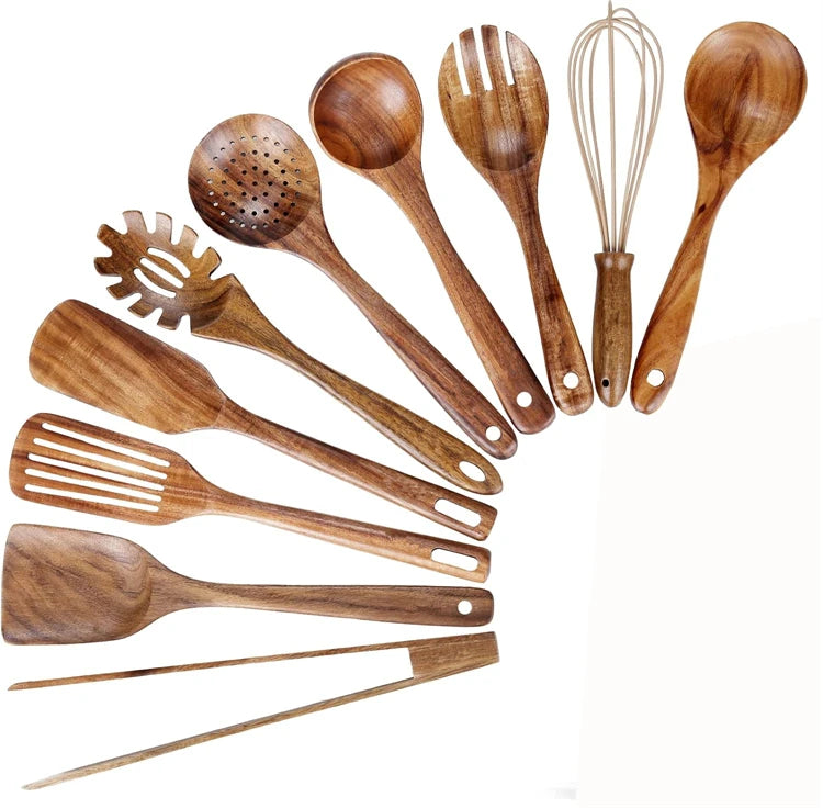 Natural Bamboo Wood Kitchen Utensil Set – 7/10-Piece Wooden Cooking Spoons, Spatulas & Tongs for Non-Stick Cookware