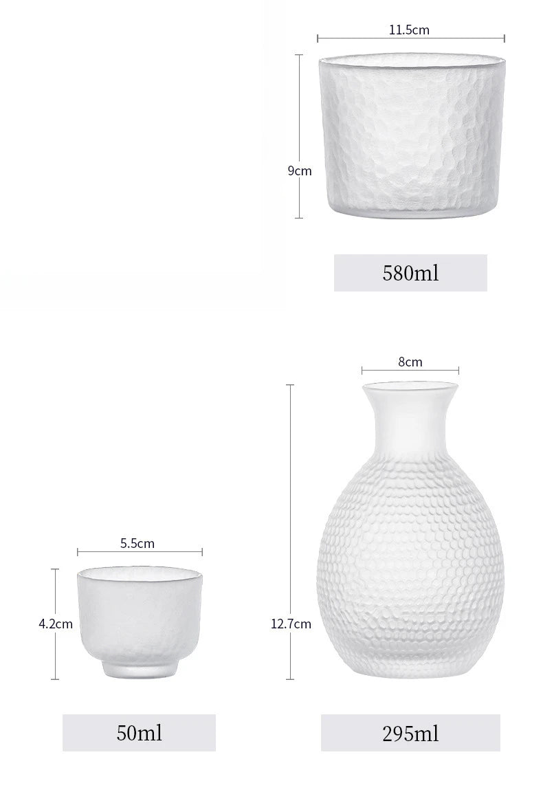 Japanese-Style Textured Glass Sake & Whisky Decanter Set – Frosted Glass Carafe with Matching Cups