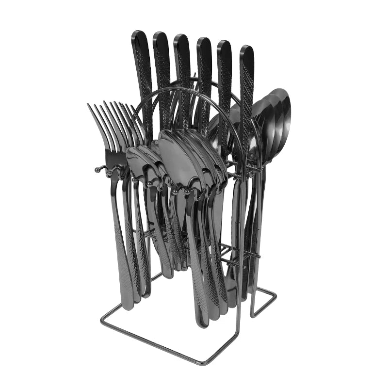 24-Piece Stainless Steel Cutlery Set with Stand – Gold & Silver Knife, Fork, Spoon Flatware Set for Dining