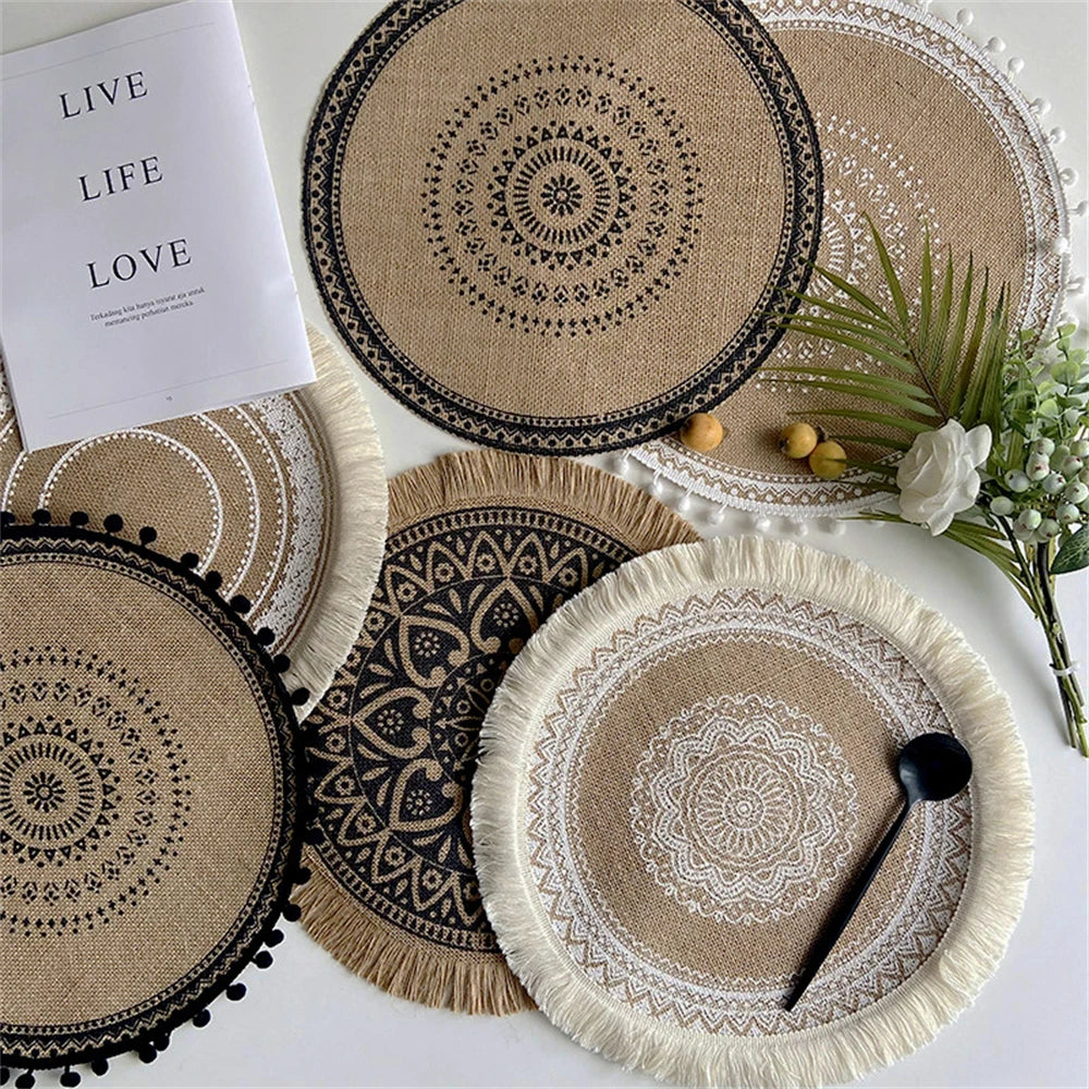 Boho Jute Round Placemats with Tassels – 38cm Natural Woven Table Mats for Rustic Dining & Home Decor