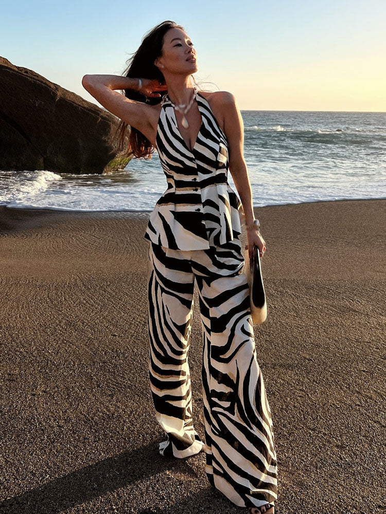 Zaraya Zebra Print Halter Waistcoat & Wide Leg Trousers Co-Ord – Bold Monochrome Two Piece Outfit for Summer and Holiday