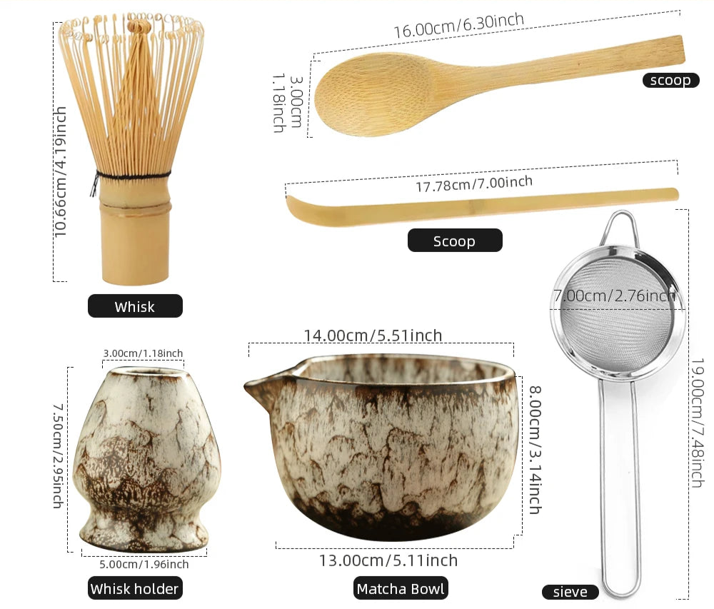 Traditional Matcha Tool Set – 6-Piece Japanese Style Kit with Ceramic Bowl, Bamboo Whisk & Sifter