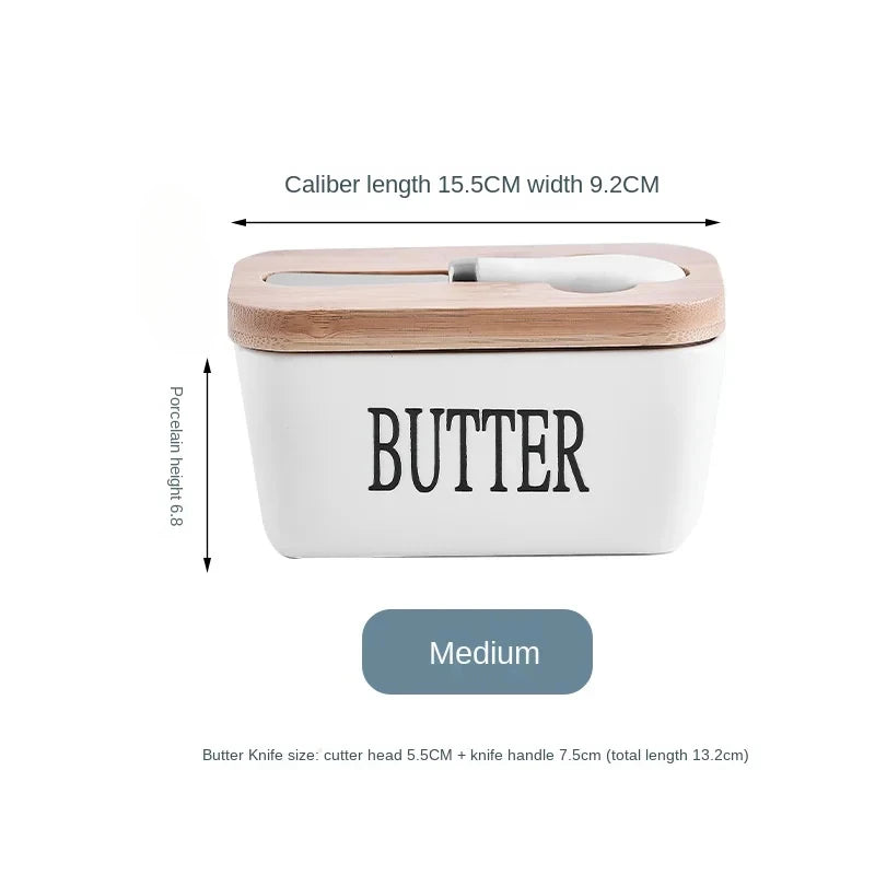 Ceramic Butter Dish with Wooden Lid & Knife – White Kitchen Storage Container